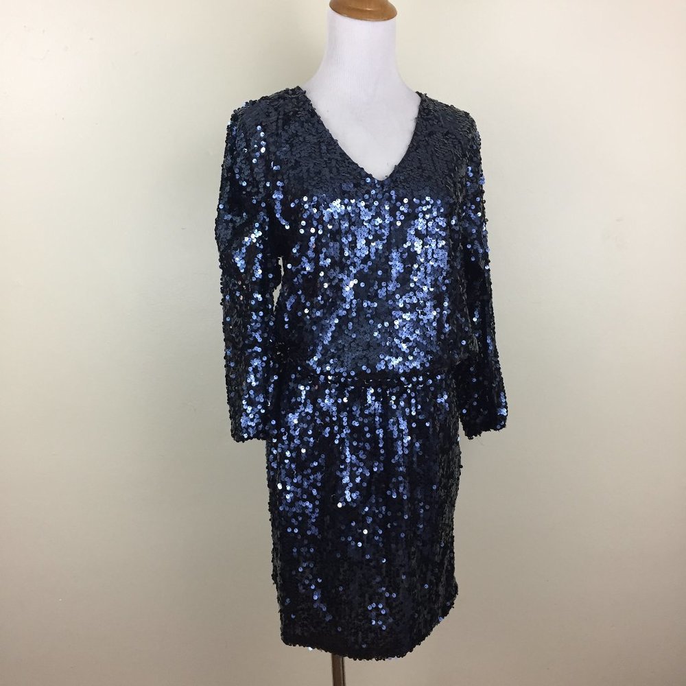 Q MACK Blue Sequin Embellished Low Elastic Waist Pockets Dress